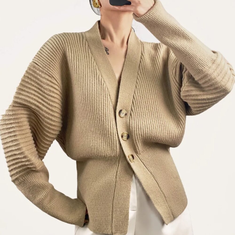 Tan Ribbed Knit Cardigan - Picture 4 of 5